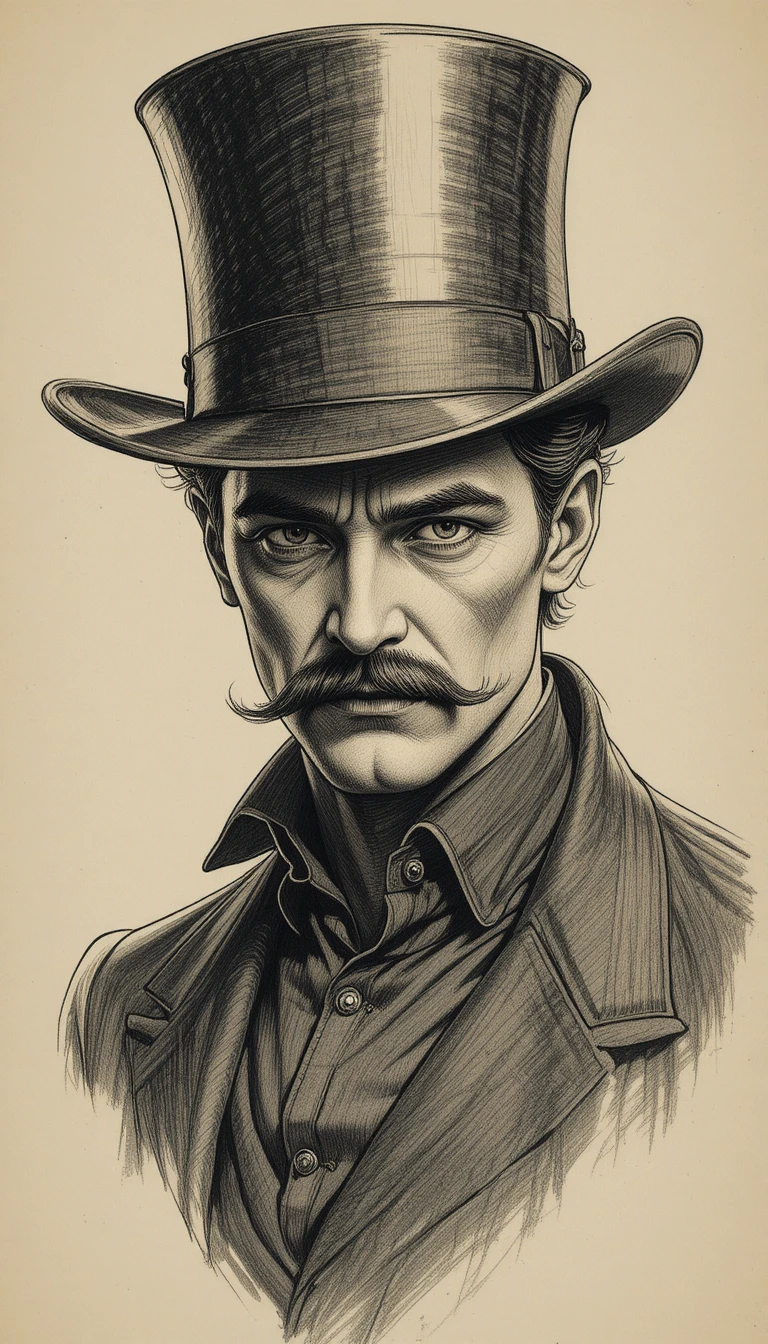 Retrato vintage a lápiz de un caballero severo con sombrero de copa