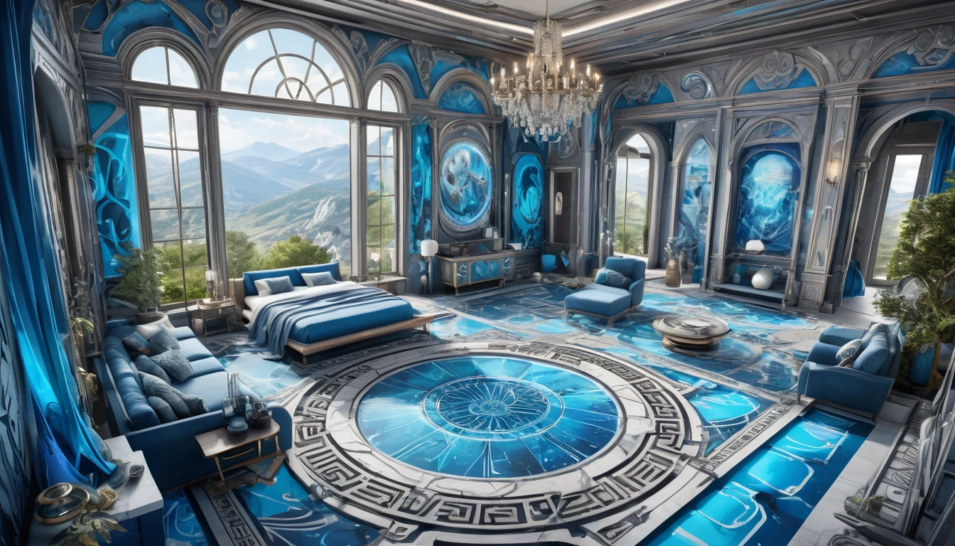 Interior isométrico de luxuosa vila de pedra com detalhes de fantasia