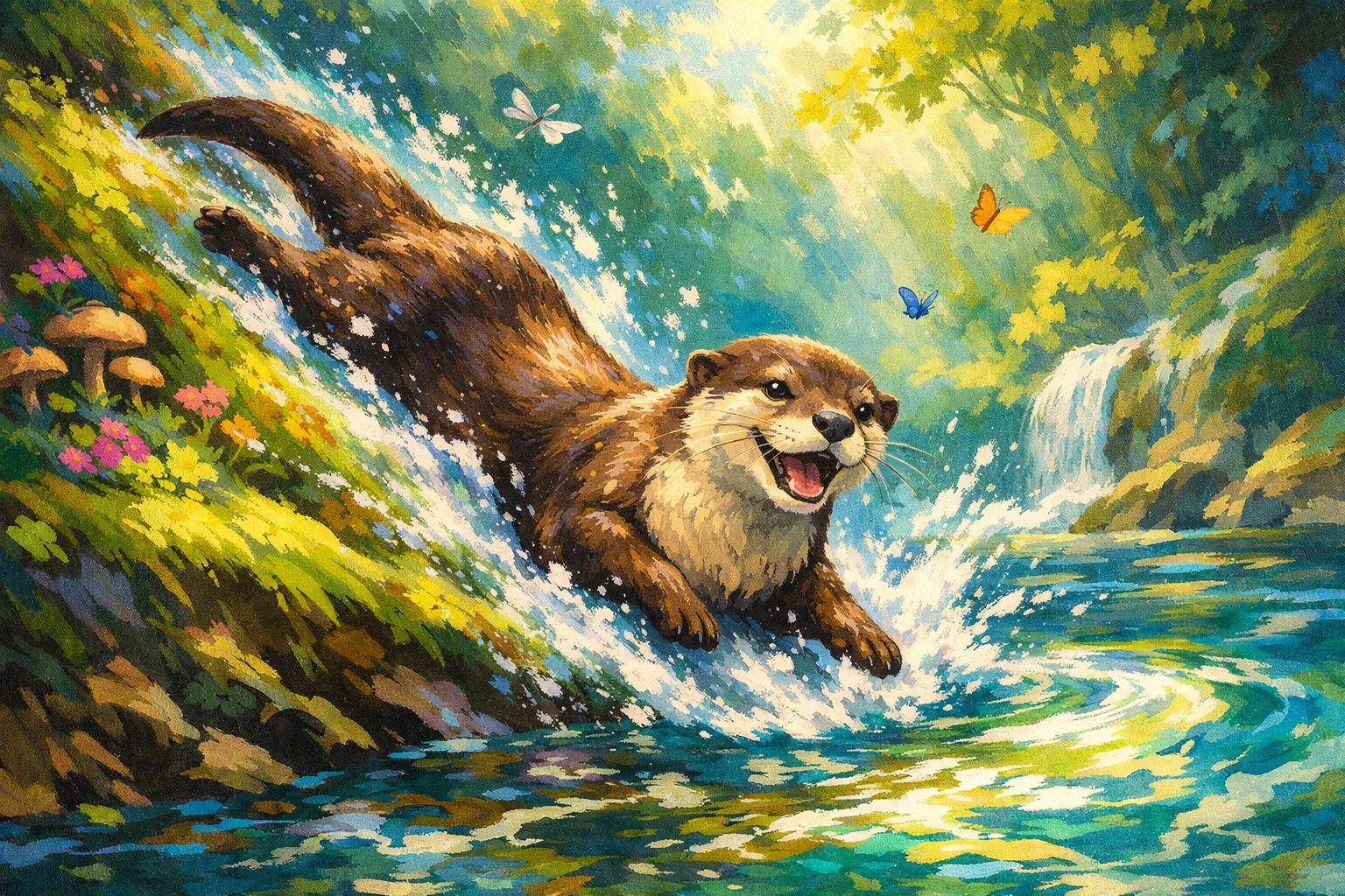 Lontra giocherellona che scivola lungo una sponda muschiosa in gouache