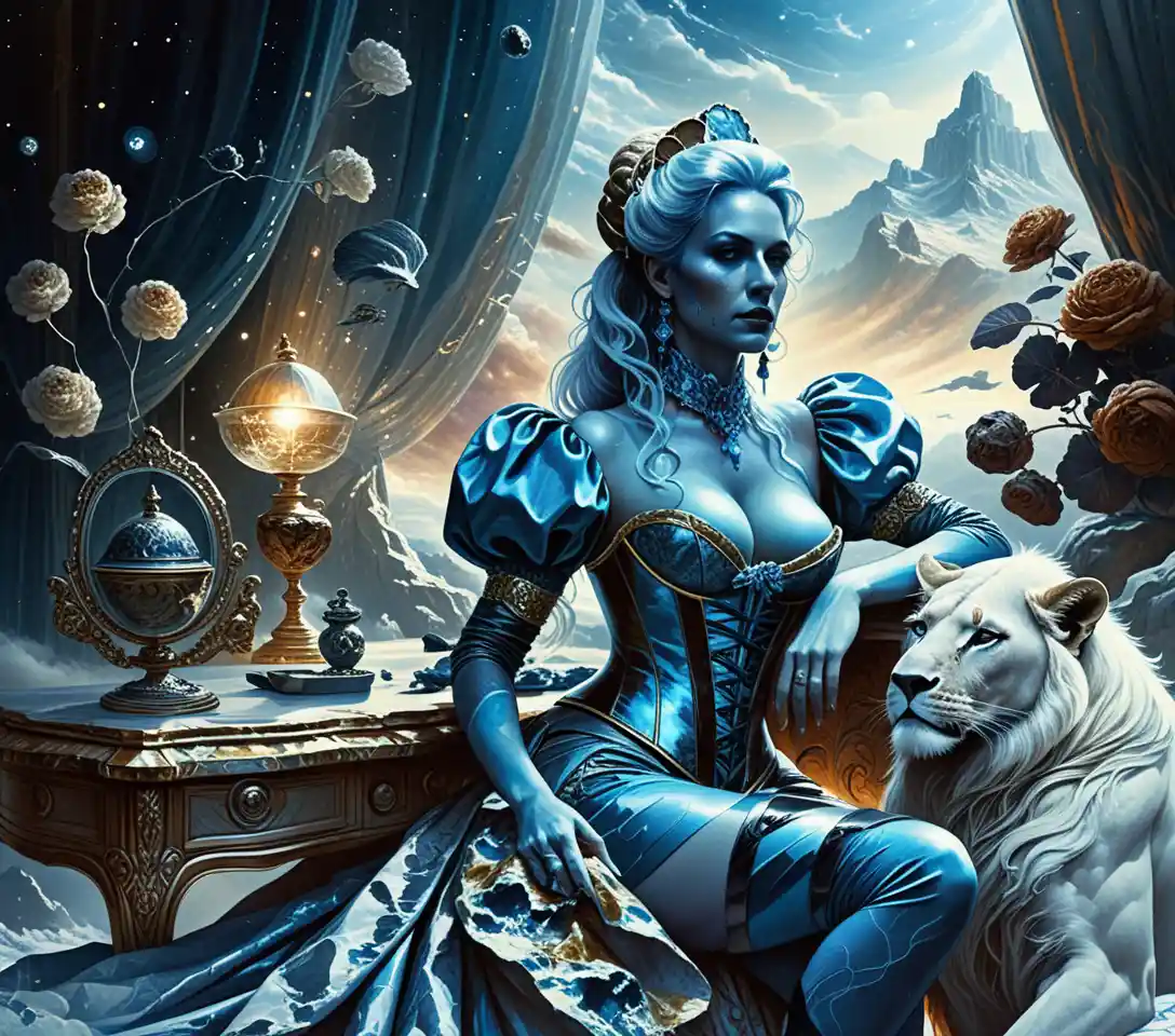 Courtisane fantastique avec lion blanc dans un boudoir rococo