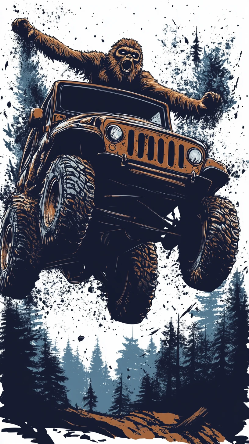Bigfoot conduisant un jeep couvert de boue sur un sentier forestier