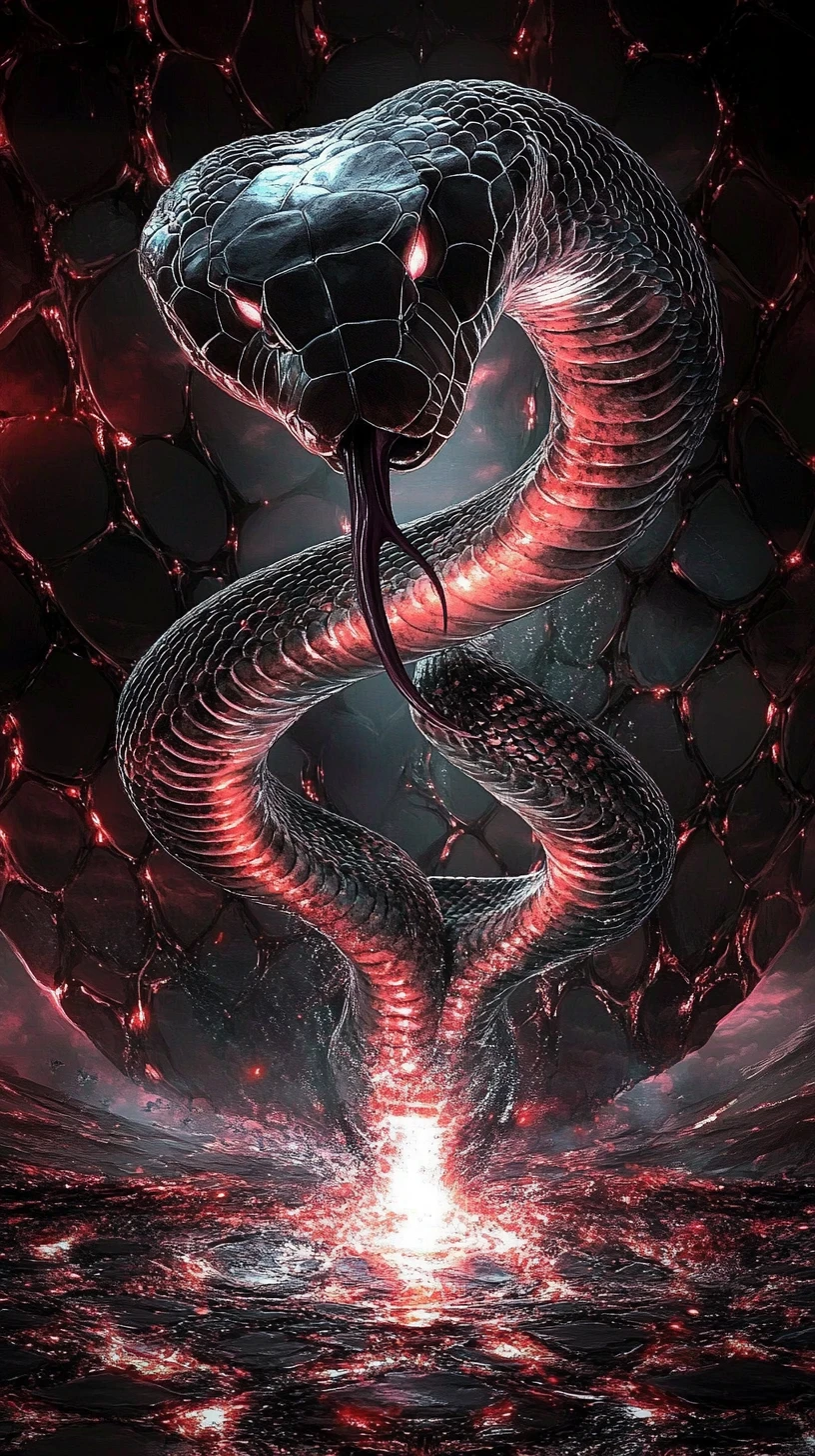 Primer plano de una cobra con capucha expandida y escamas abstractas