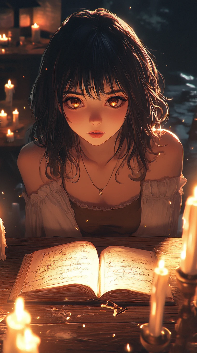 Chica de anime en escritorio de madera con velas flotantes