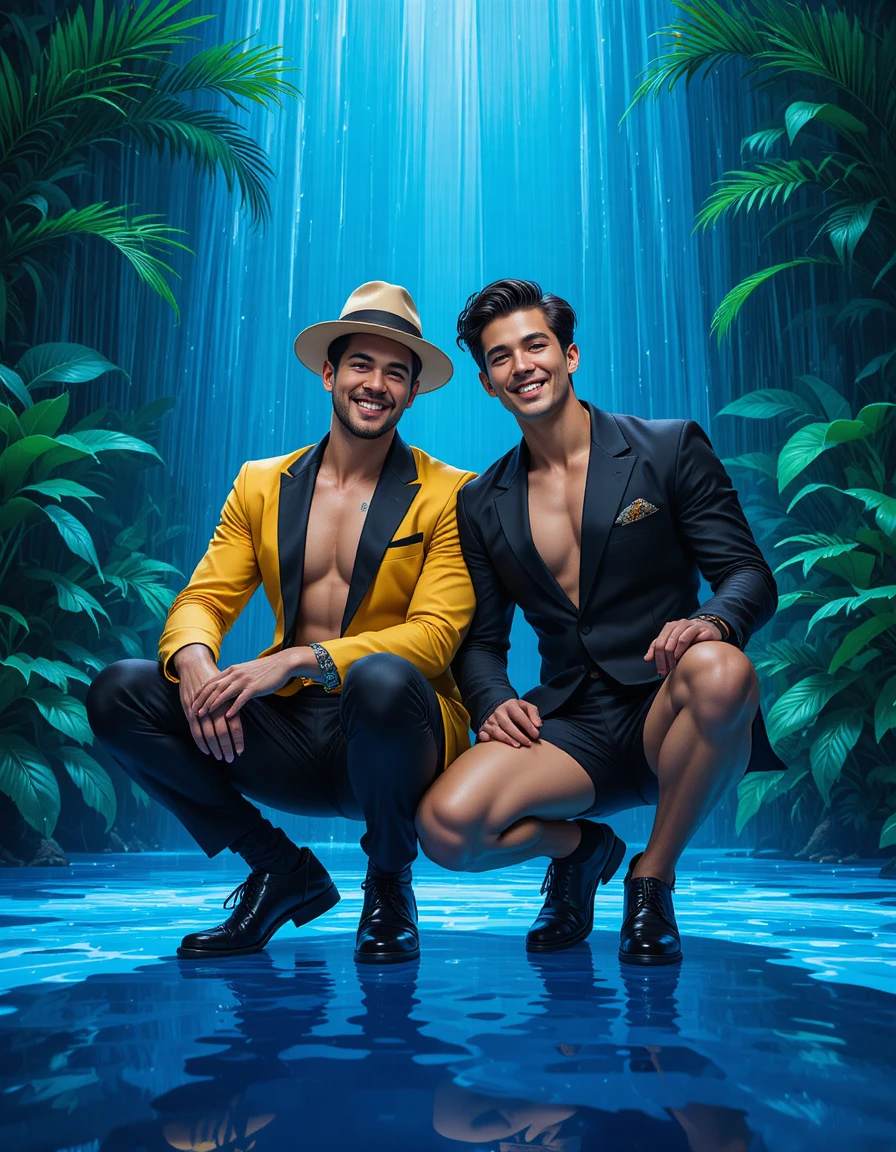 Dois amigos felizes em um temporal na selva tropical