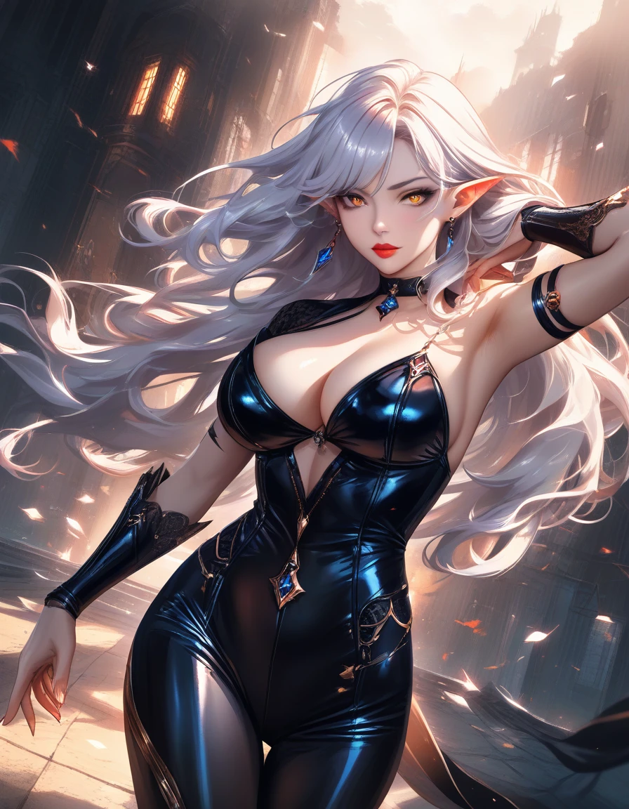 Guerreira dragão sensual com cabelo lilás prateado