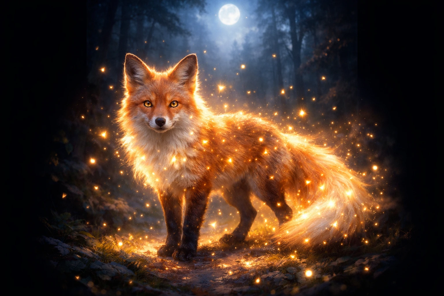 Raposa brilhante iluminada por vaga-lumes em uma floresta ao luar