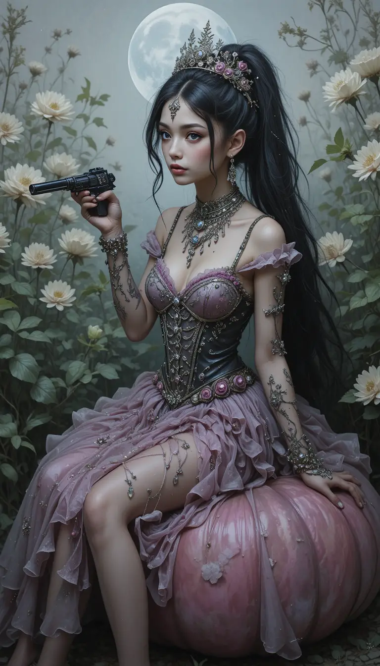 Dark fantasy girl princess sitting on a surreal pea throne