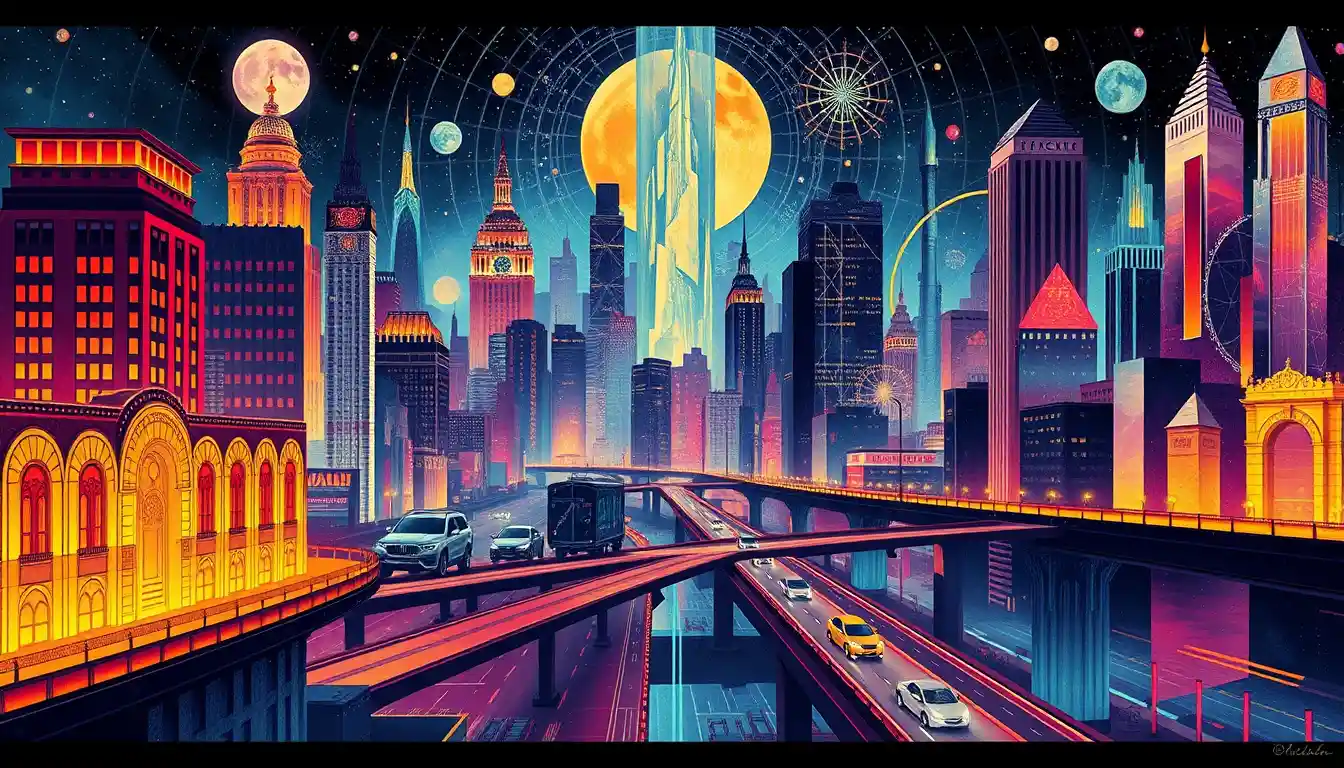 Vibrant Art Deco cityscape dissolving into abstract geometry