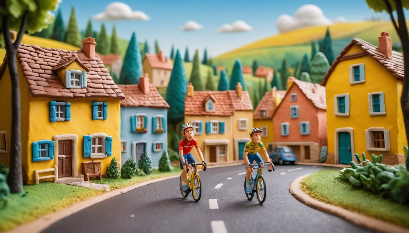 Divertenti ciclisti d’argilla che sfrecciano per una via di un villaggio francese