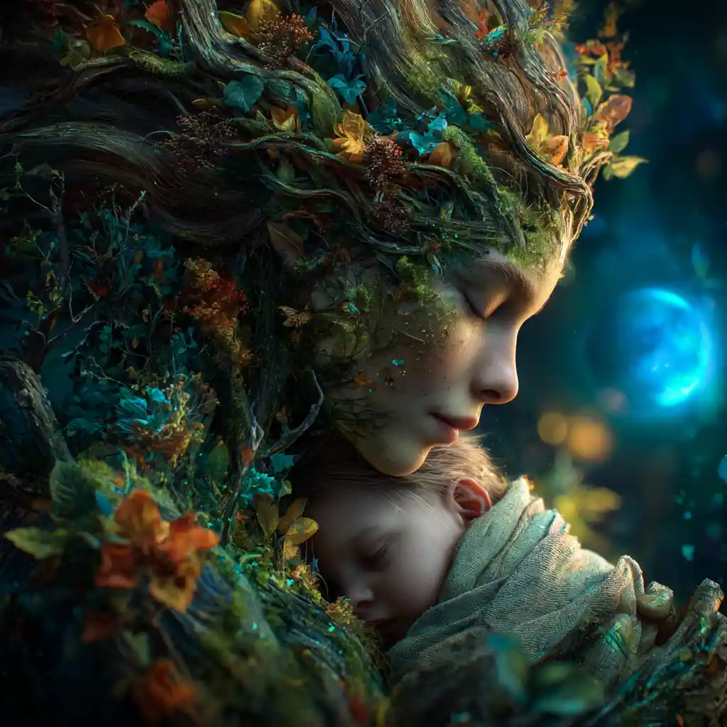 Earth goddess cradling a sleeping newborn in cosmic nature