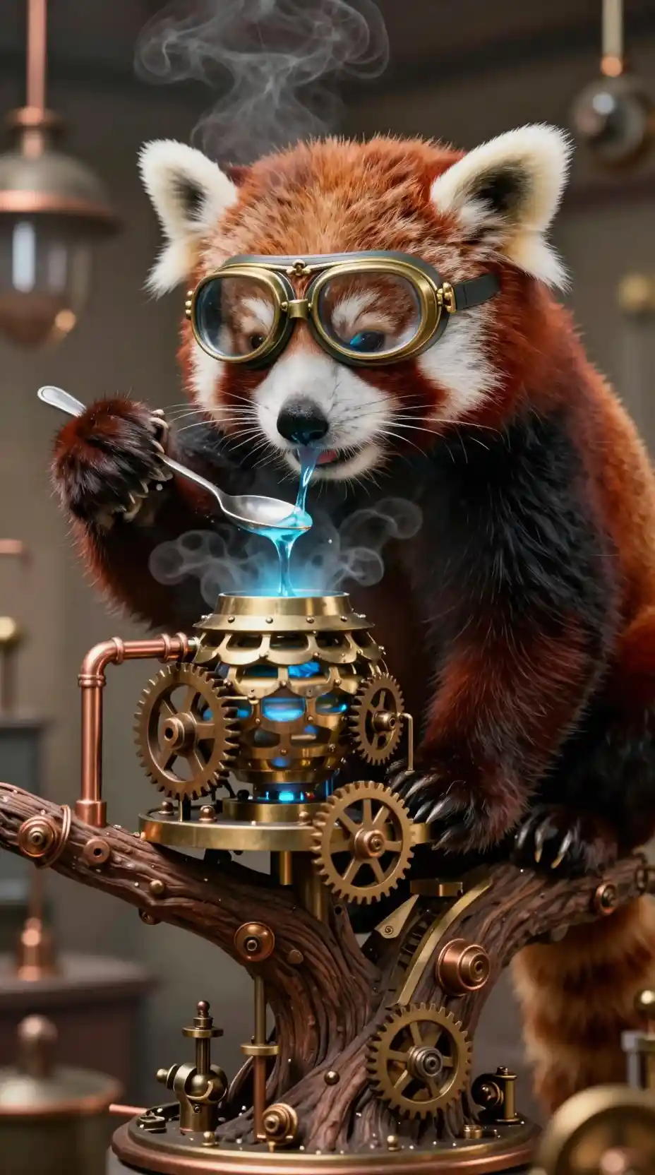 Red panda tasting blue nectar in steampunk tree