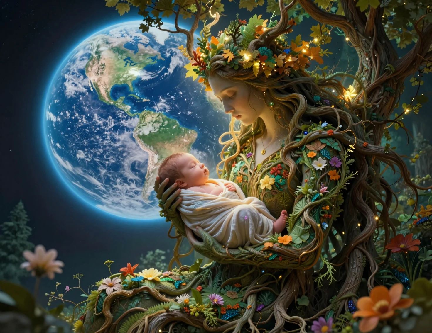 Dea della Terra che culla un neonato tra foreste viventi