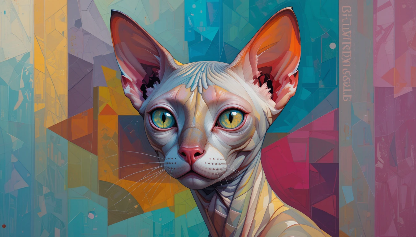 Retrato cubista de gato sphynx con formas geométricas fragmentadas