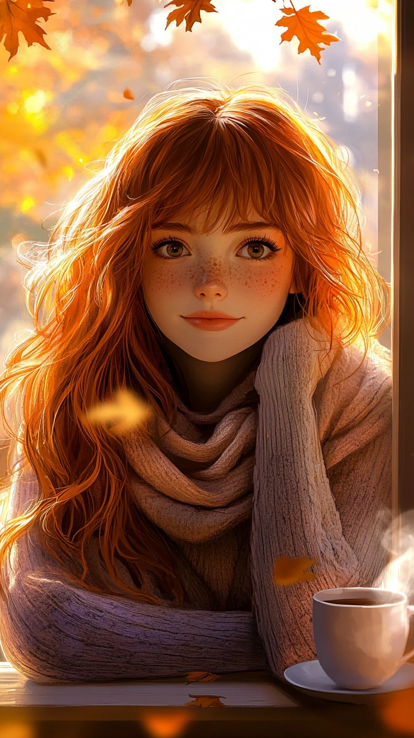 金色落葉窗邊小憩的動畫少女