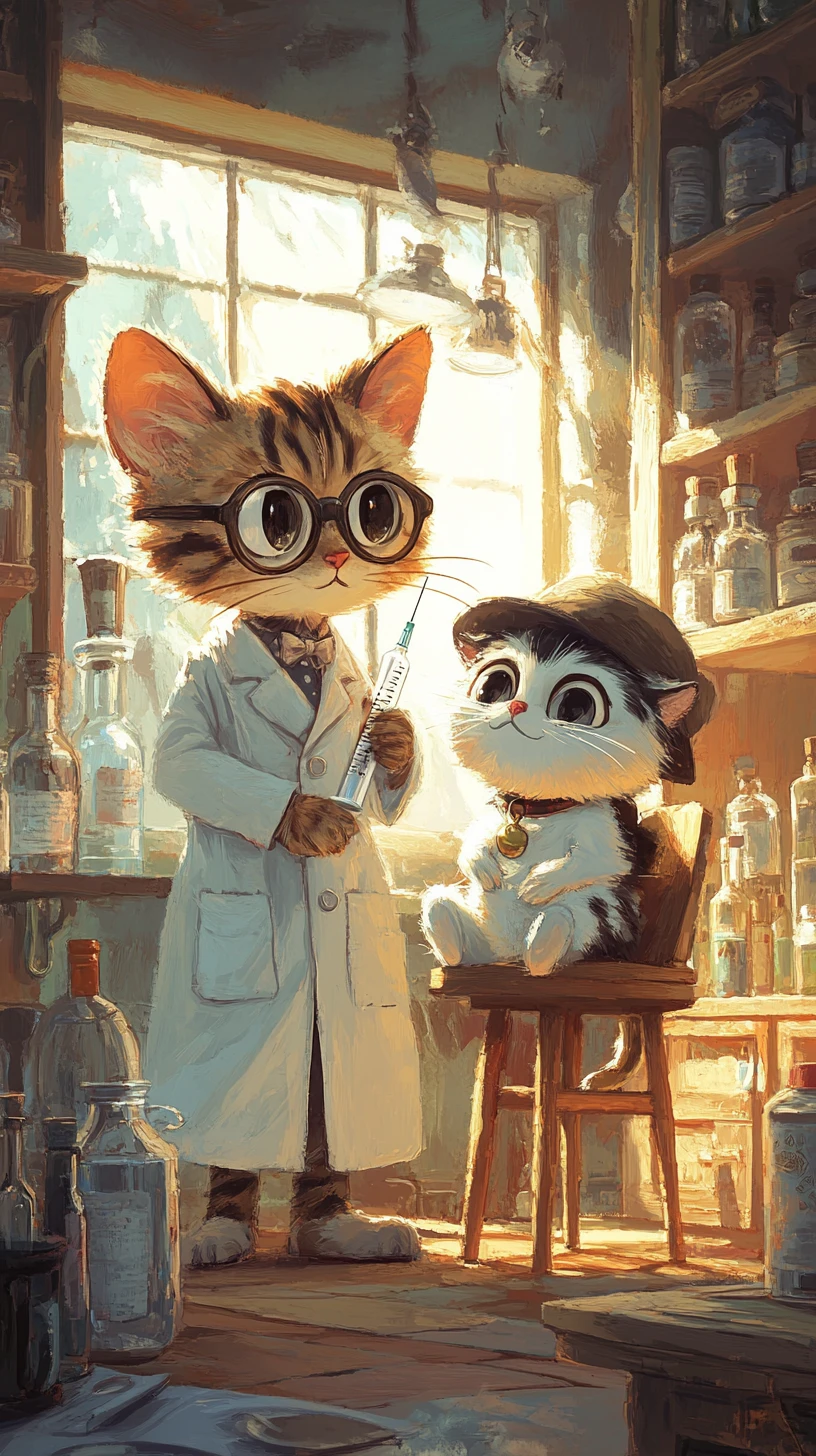 Gato médico em desenho animado tratando um gato paciente fofinho