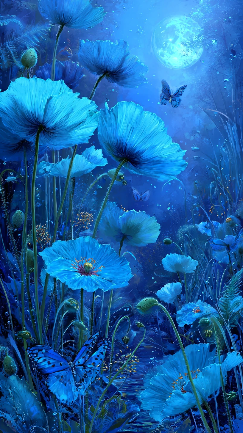 Paisagem azul hipnotizante com lua brilhante e flores