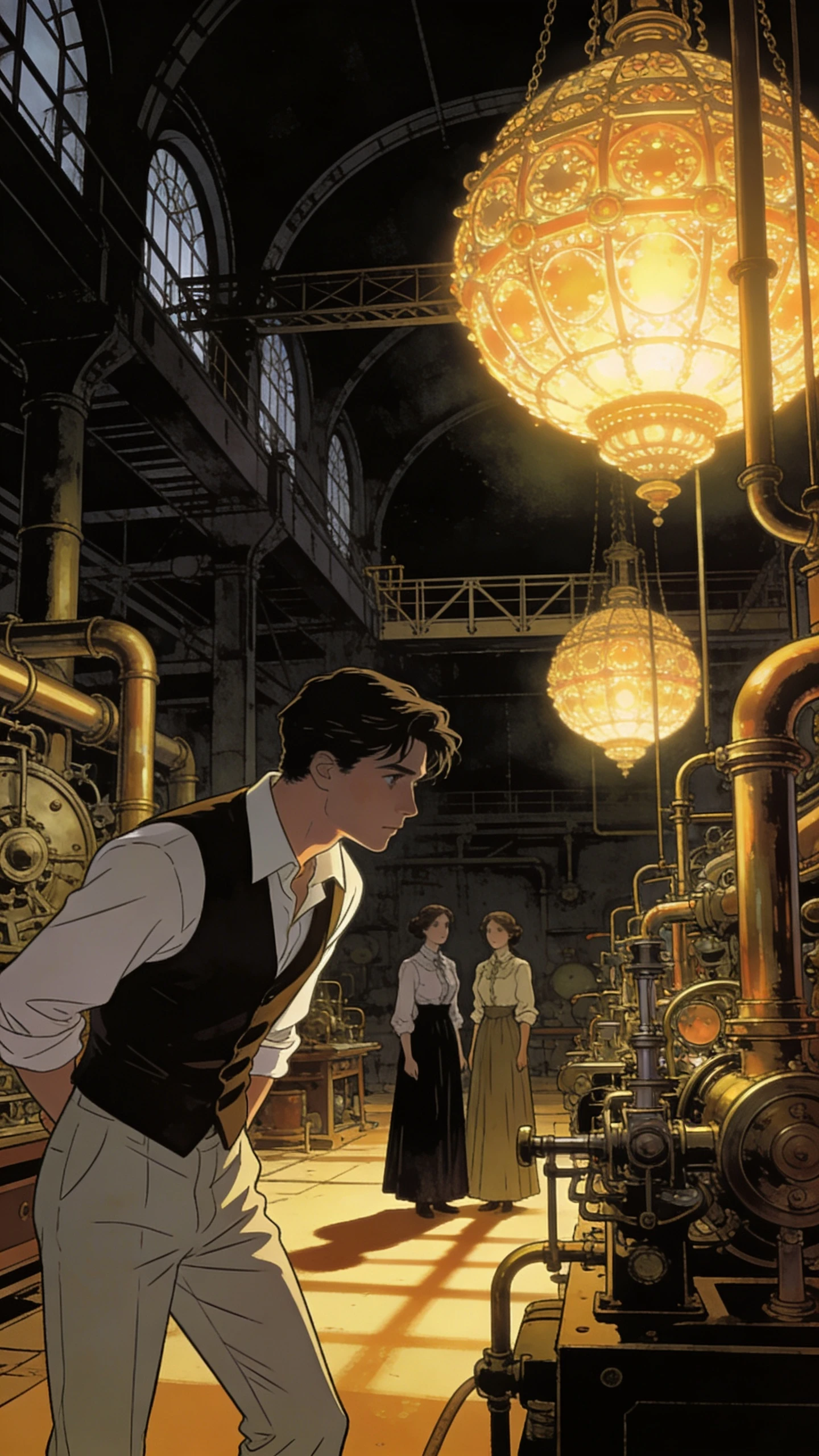 Jovem artesão em um vasto ateliê steampunk – ilustração