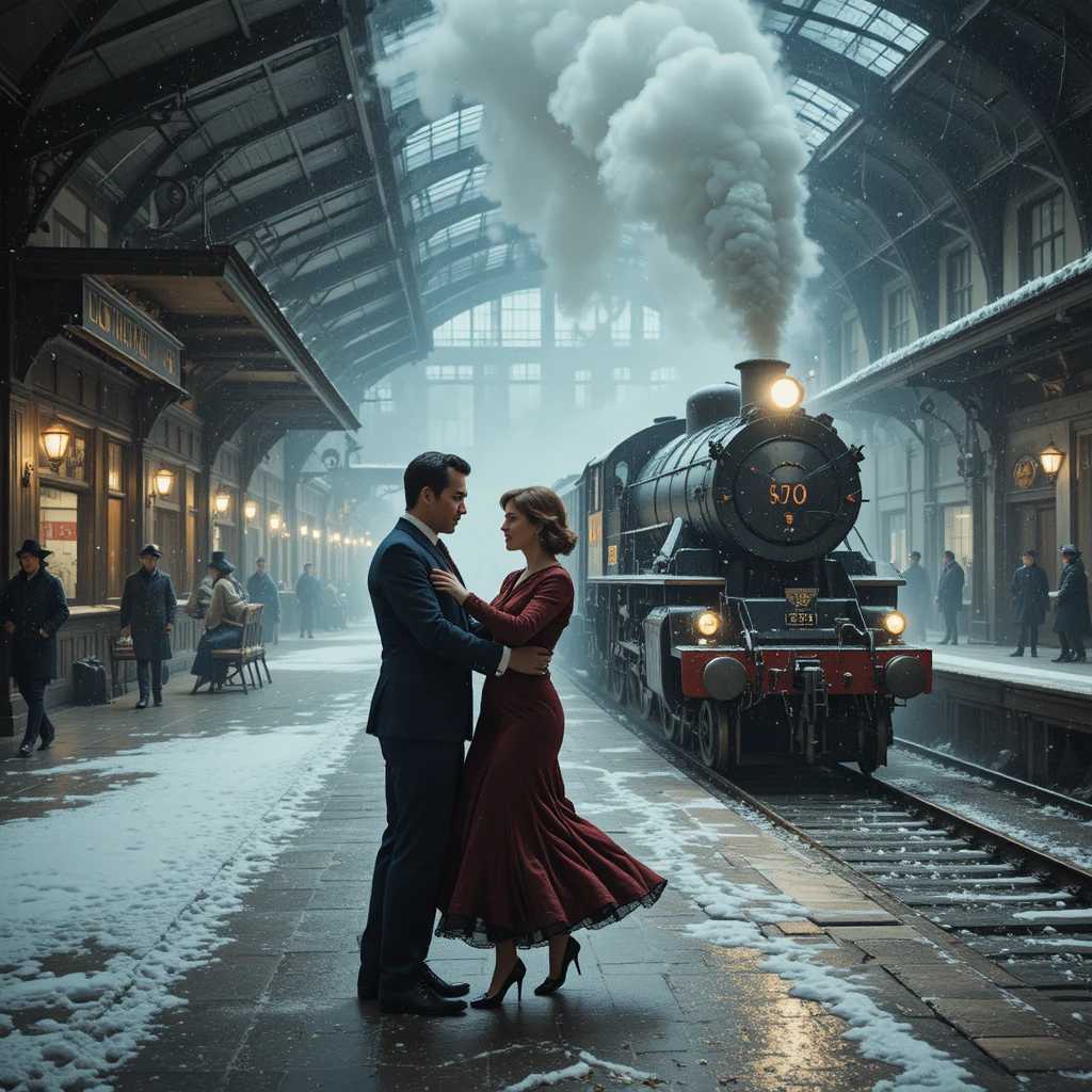 Coppia che Balla il Tango sulla Piattaforma di una Vecchia Stazione Invernale
