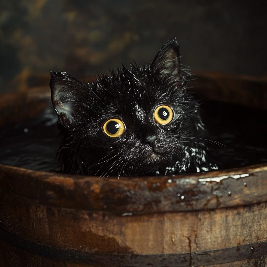 Wet black kitten in a wooden tub watercolor illustration