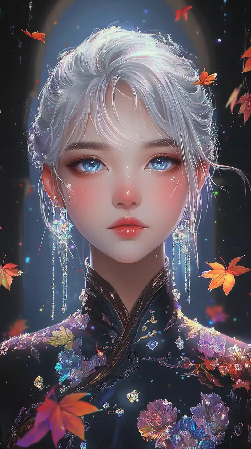Silberhaariges Anime-Mädchen im Kristall-Ahornblatt-Qipao