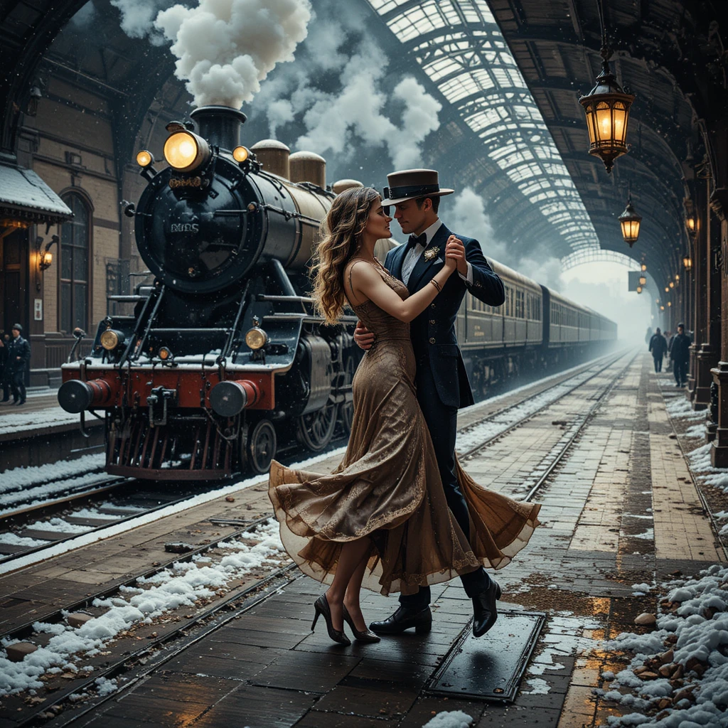Pareja steampunk bailando tango en un andén de tren nevado