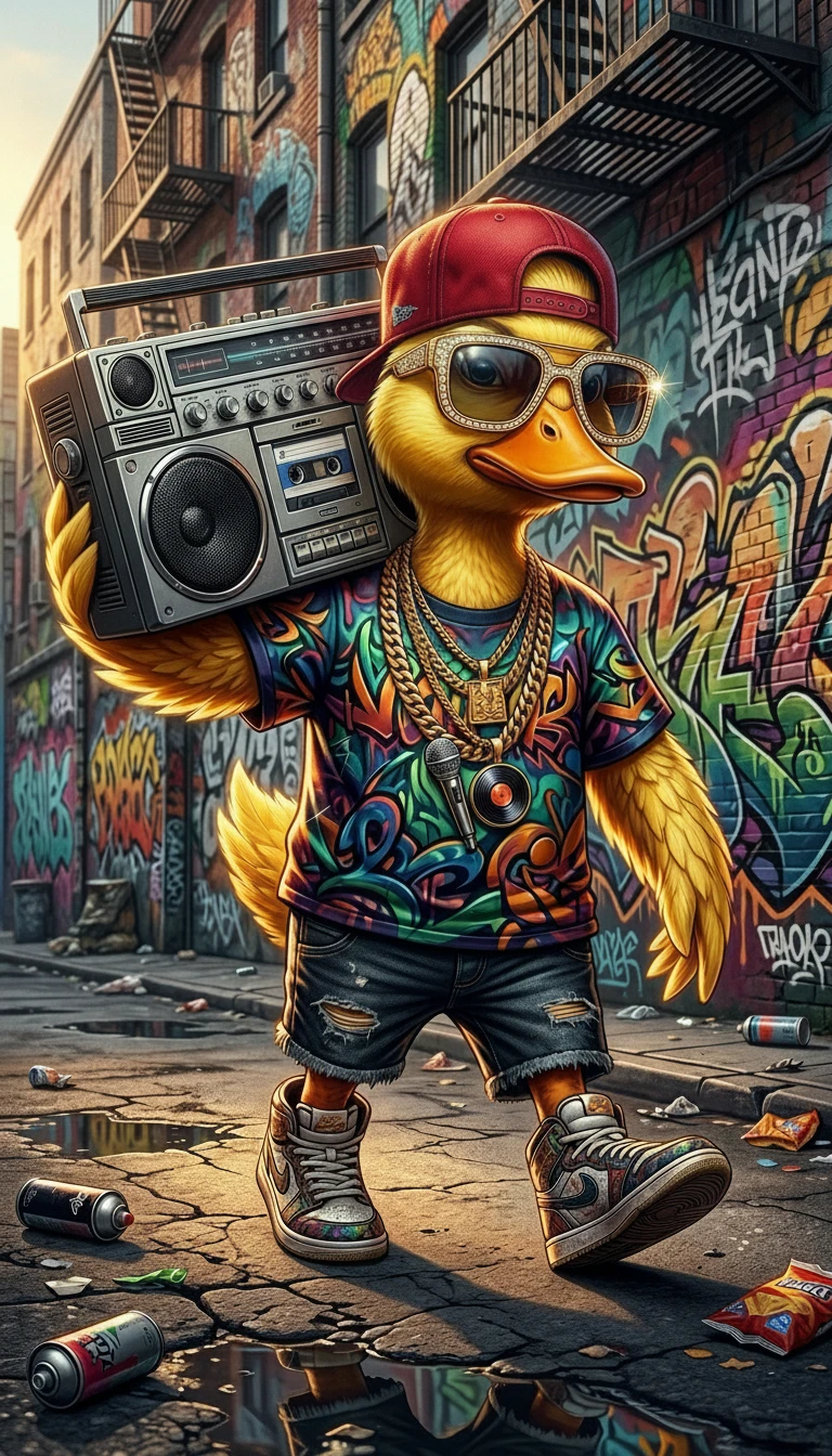 Streetwear-Ente mit Boombox in einer lebendigen Graffiti-Gasse