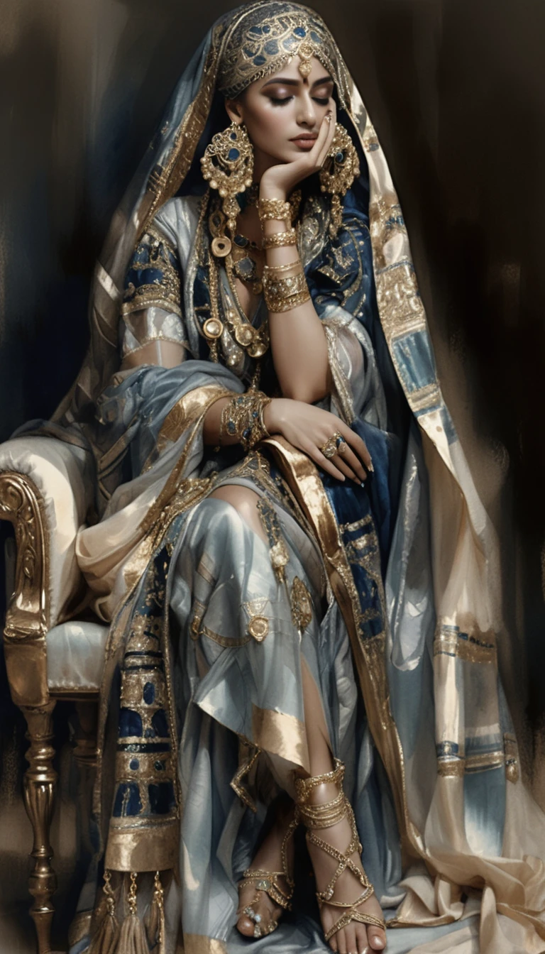 Elegante donna araba su sedia decorata con abito cerimoniale