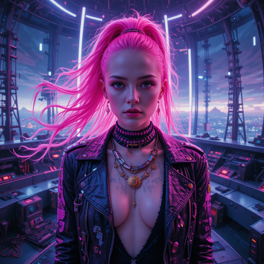 Surreale Sci-Fi-Frau im Neon-Observatorium – Porträt
