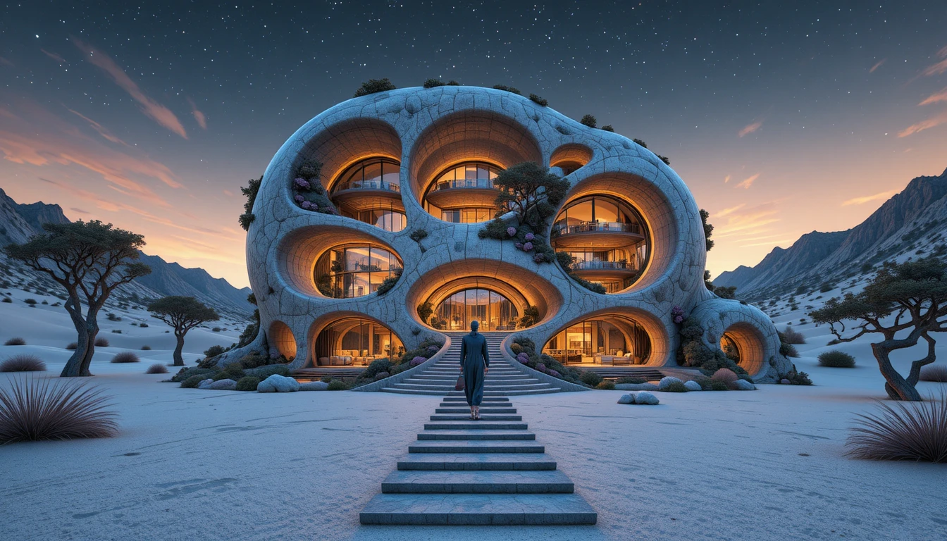 Spiralförmiges futuristisches Gebäude, das in einem weiten Wüstensonnenuntergang leuchtet