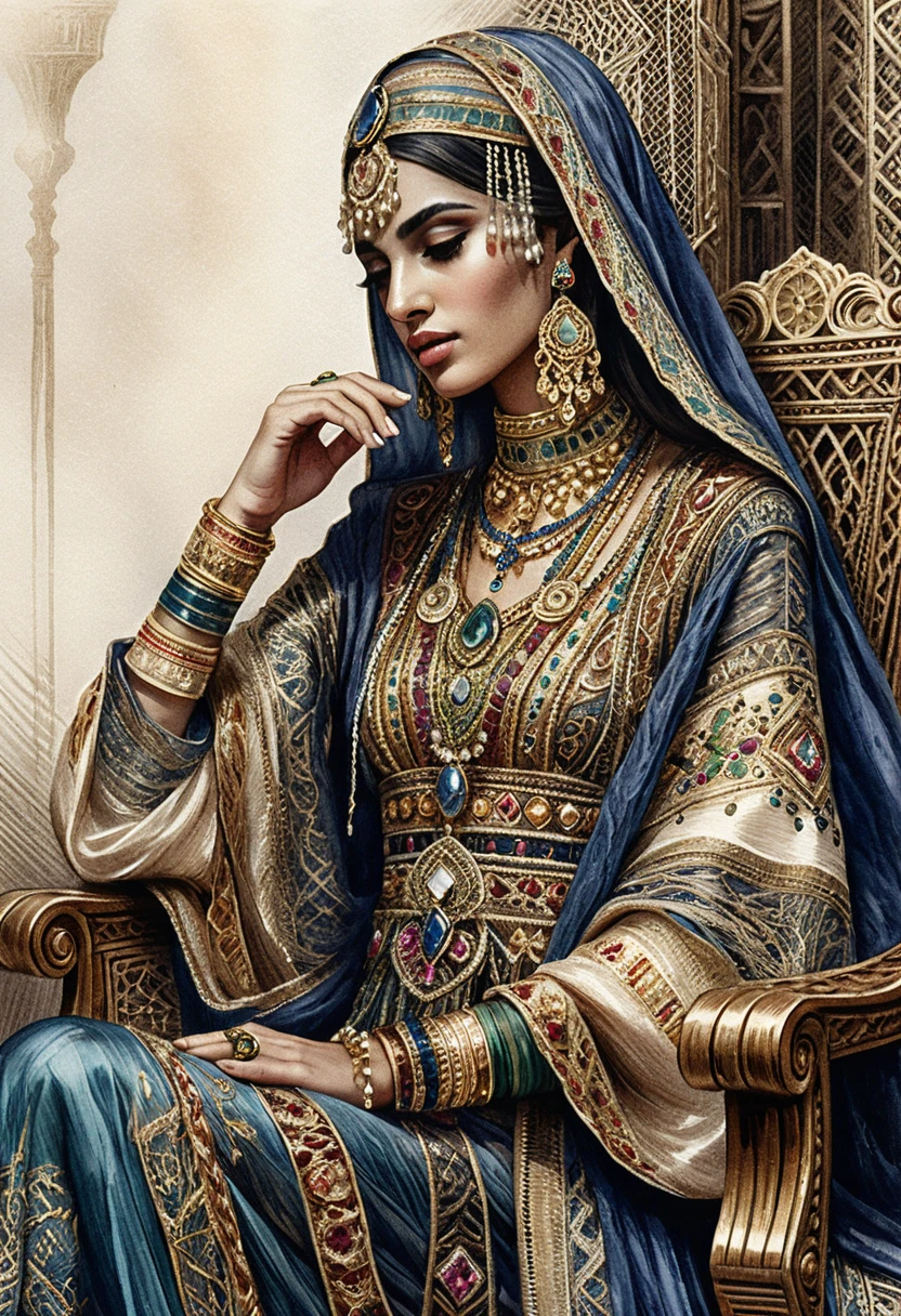 Elegante arabische Frau in kunstvoller traditioneller Kleidung und Schmuck