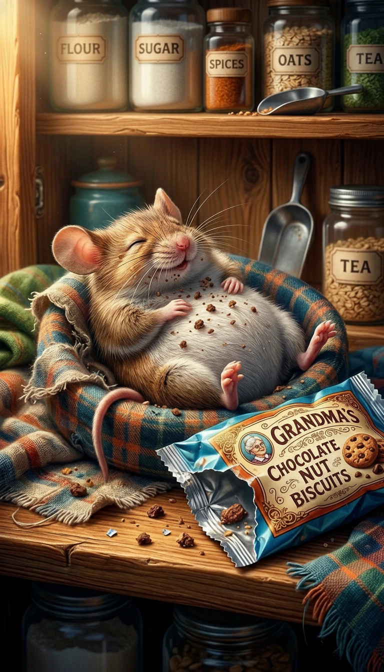 Rato brincalhão dormindo ao lado de um pacote de biscoito vazio