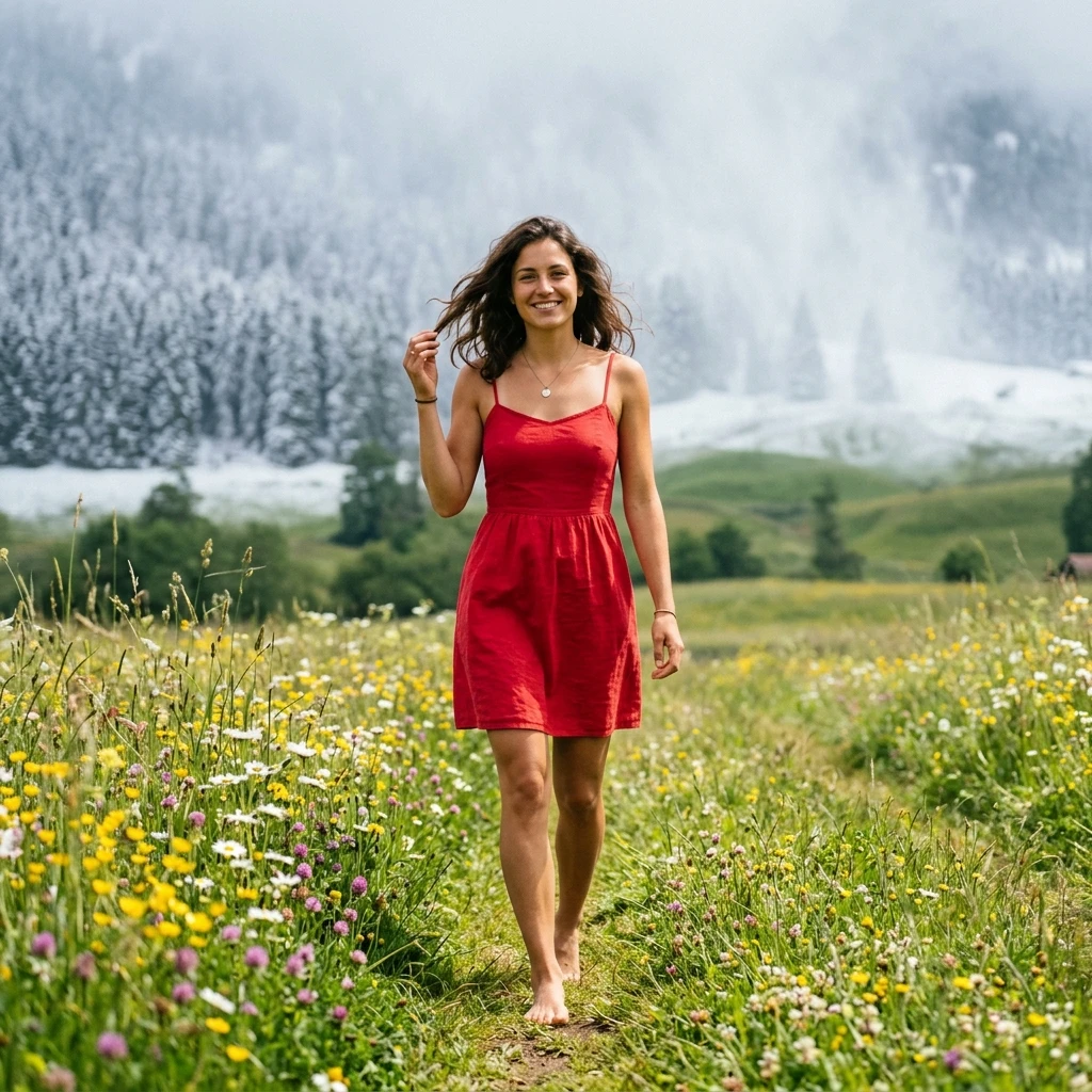 Smiling brunette girl in red dress walking through flowers