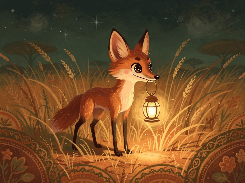 Pequeno lobo-guará com lanterna em um campo de gramíneas em estilo folk art quente