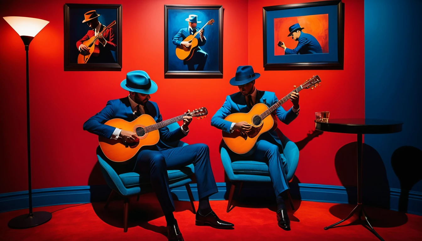 Músico de terno azul tocando violão contra parede vermelha