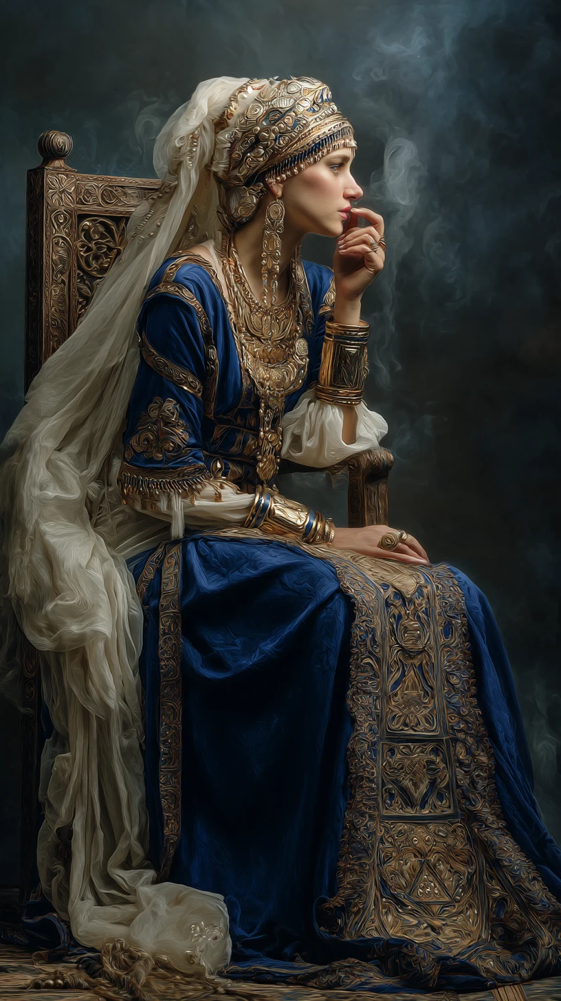 Elegante arabische Frau in reich verziertem Zeremonienkleid mit Schleier