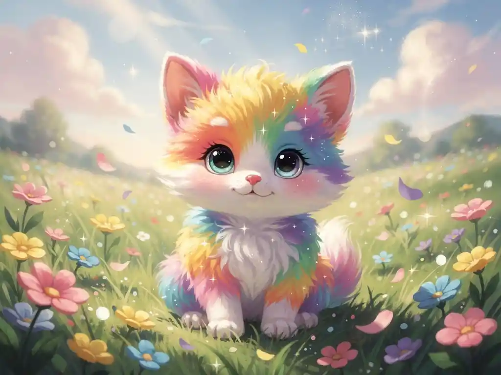Cute baby animal in rainbow fur in flower meadow