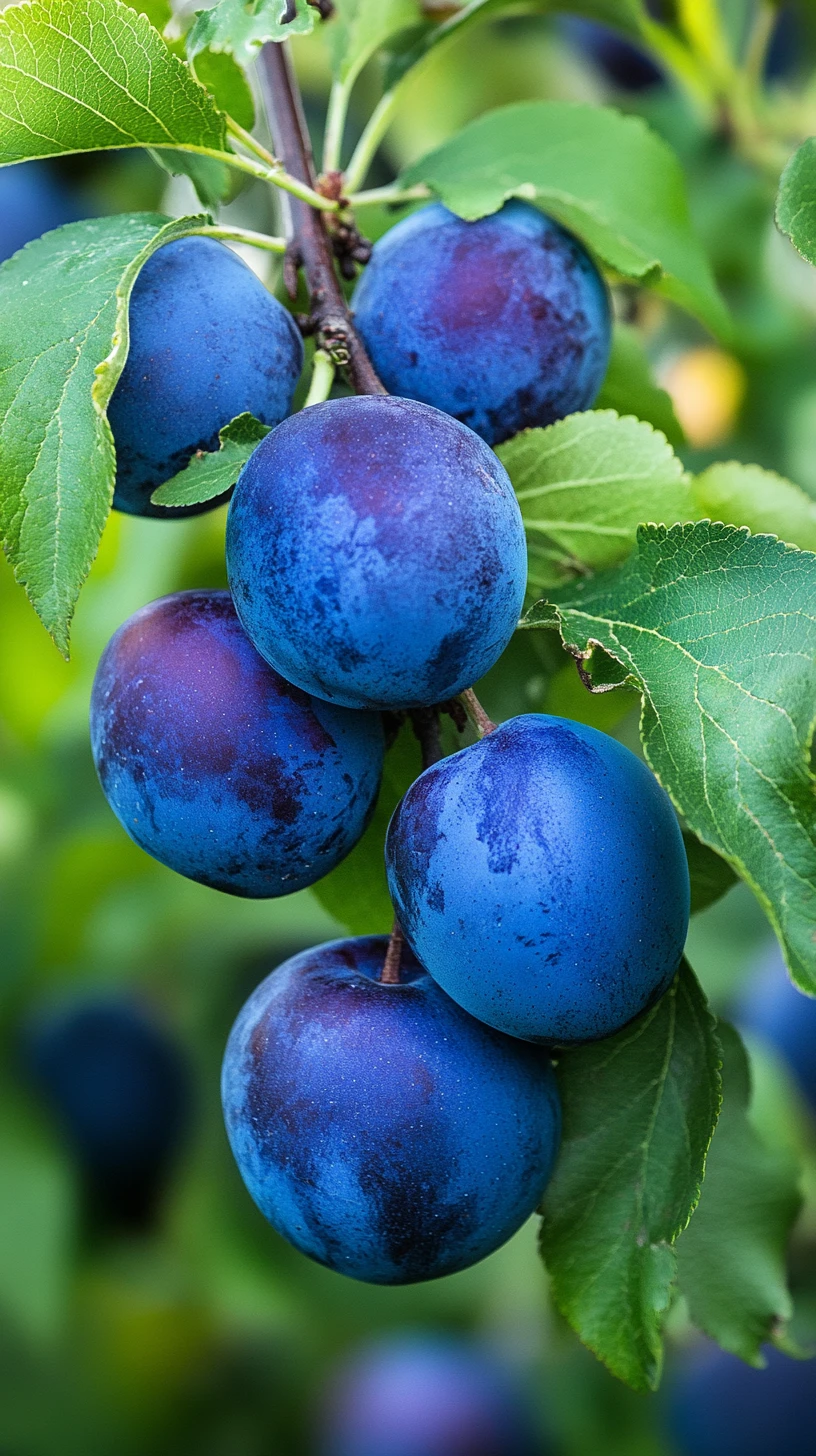 Reife violette Pflaumen an Zweigen mit grünen Blättern