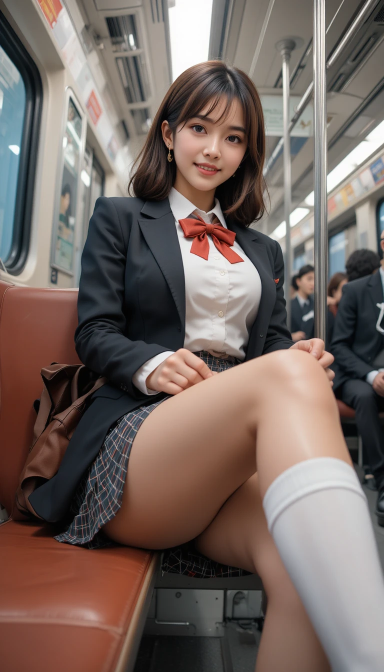 Japanische Schulmädchen in Uniform auf einem Bahnsitz
