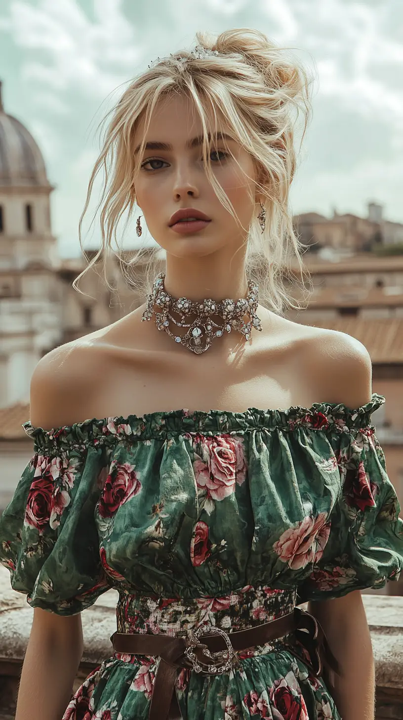 古典的な街のドームの前に立つ緑の花柄ドレスの金髪女性