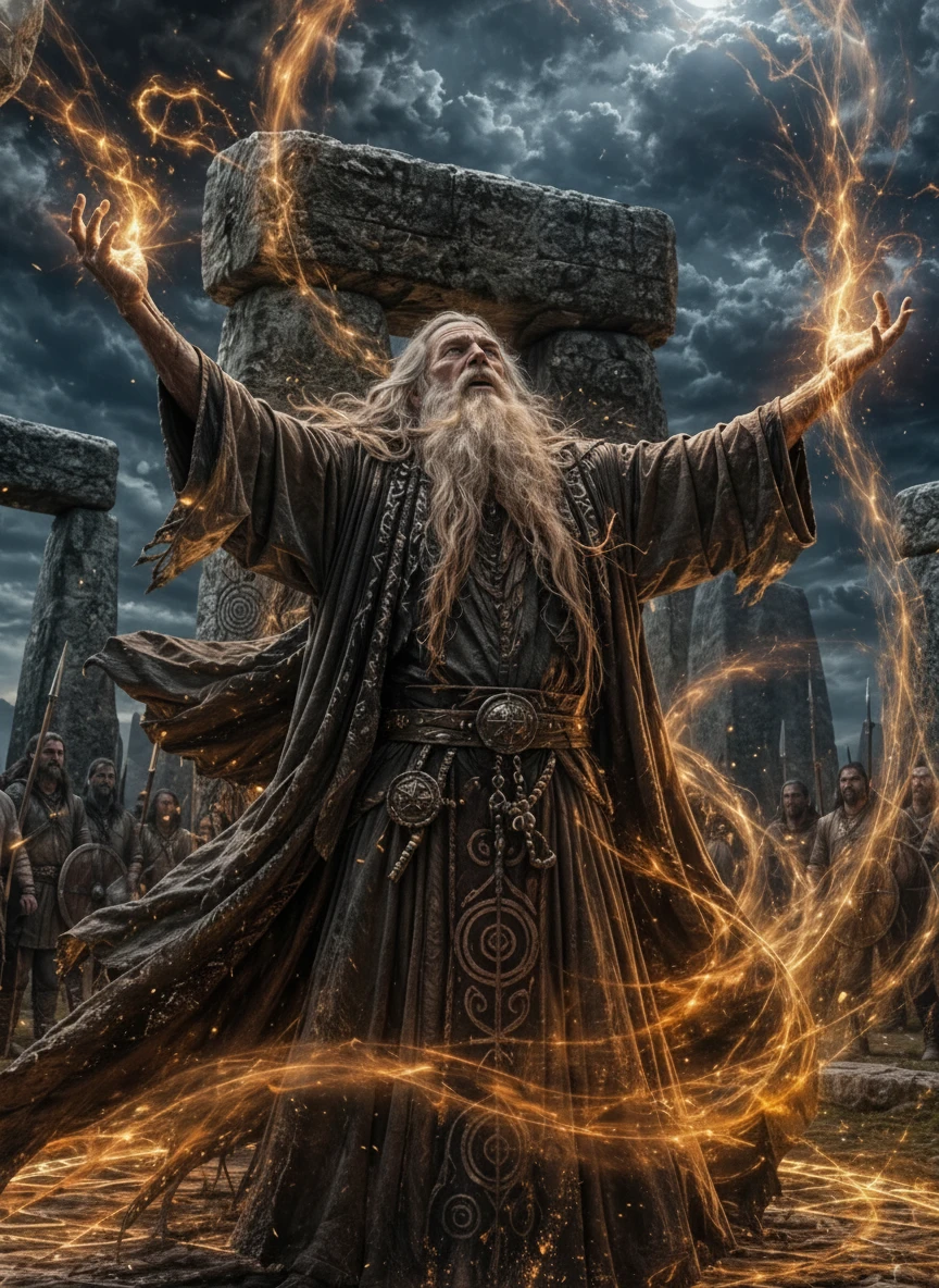 Germanic druid conjuring magic within an ancient stone circle