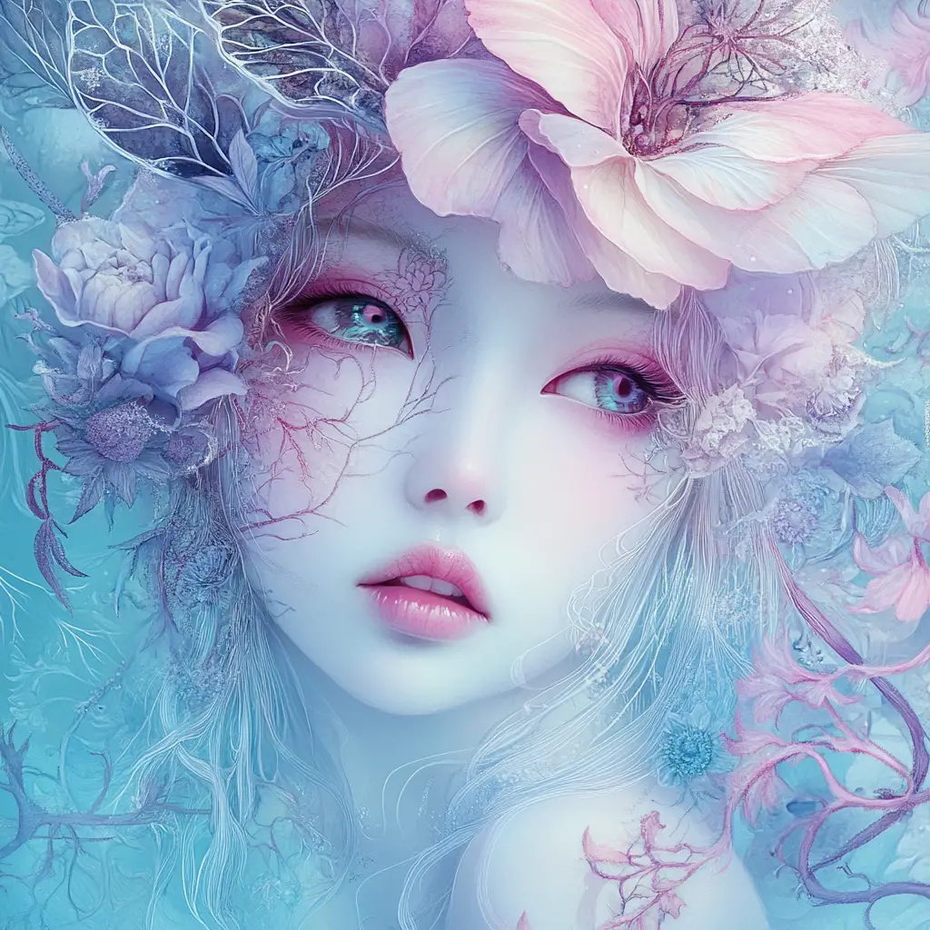 夢幻浪漫的神祕女子肖像插畫