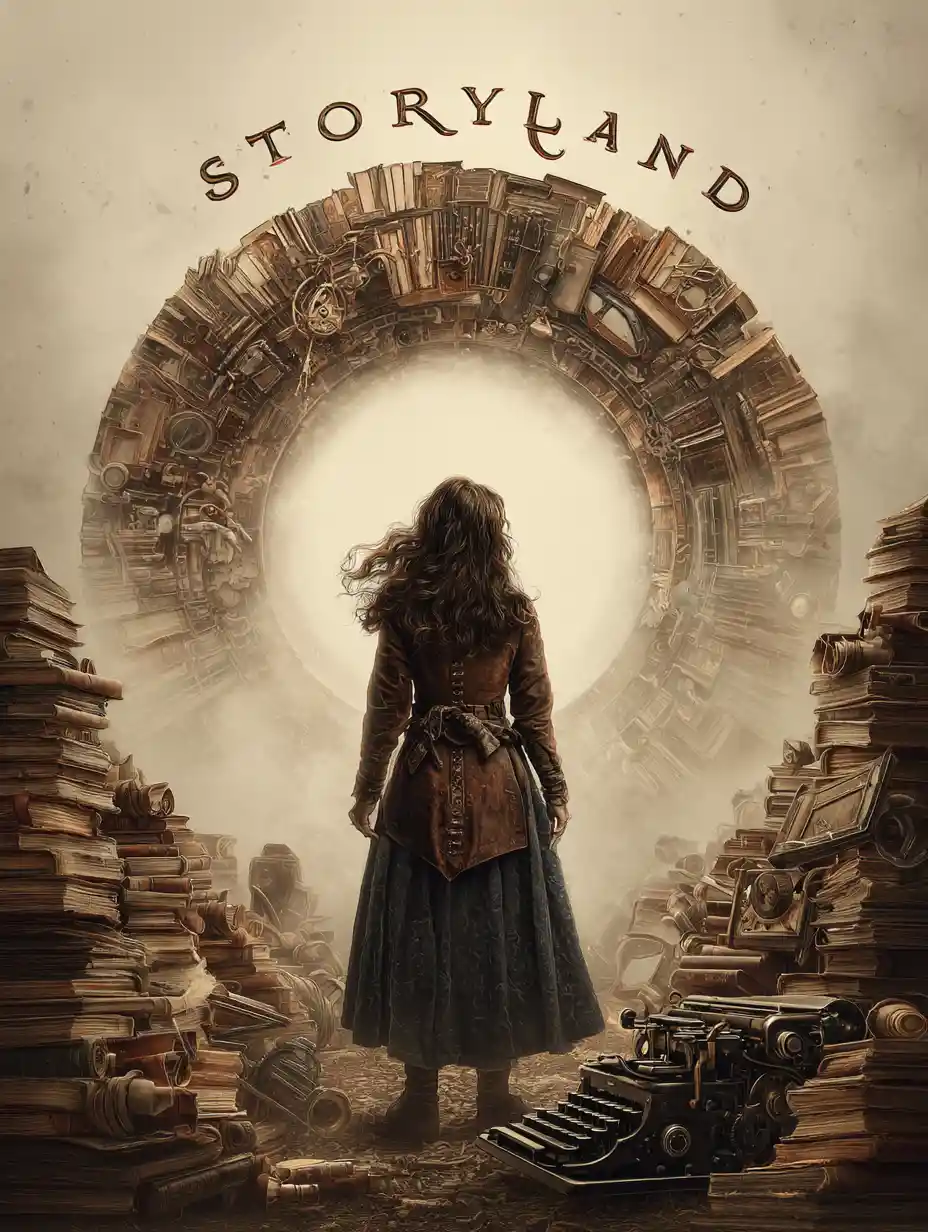 Steampunk woman facing a magical portal of books
