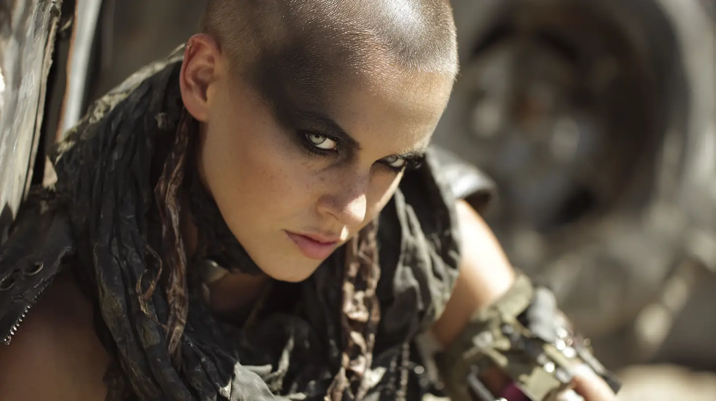 Bald woman with mechanical arm in post apocalyptic cloak