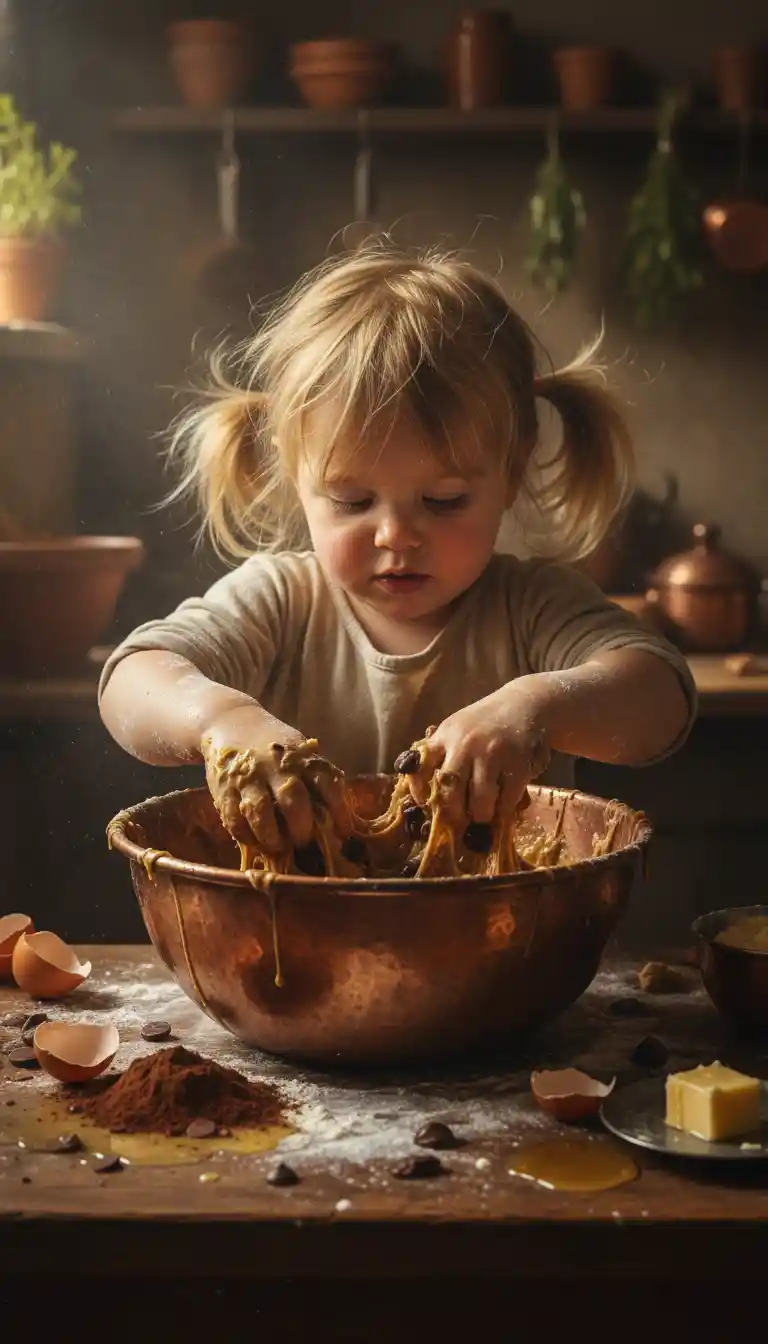 Young girl baking with dough in a rustic kitchen