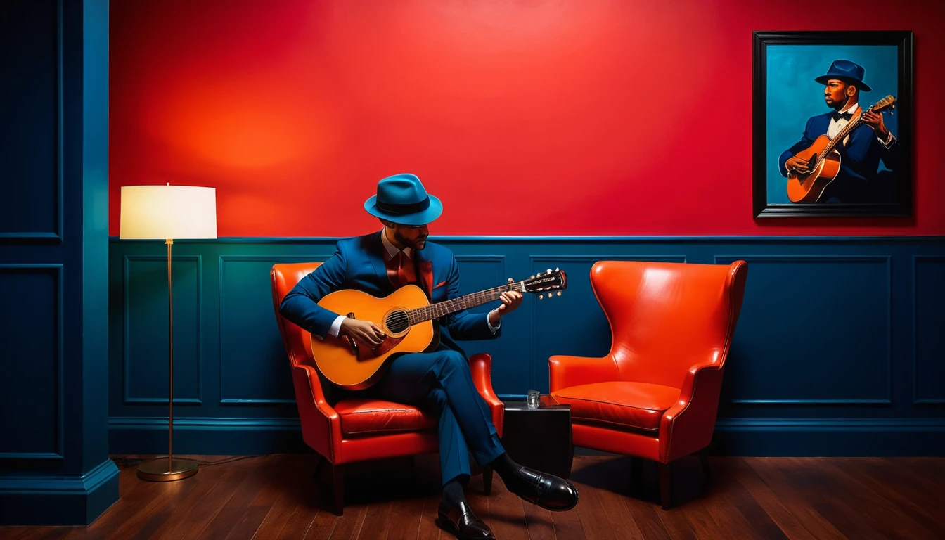 Músico de terno azul tocando violão diante de parede vermelha