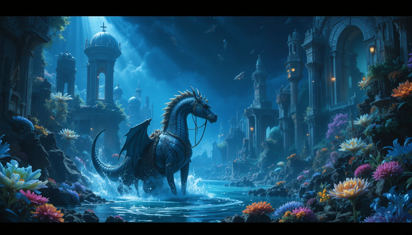 Armored merman riding a seahorse in a sunken kingdom