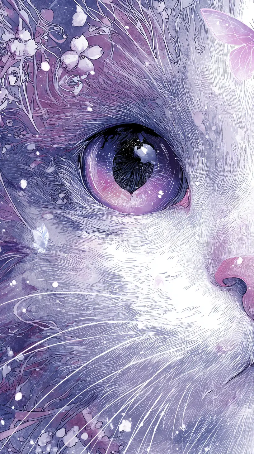 Close up fantasy cat face with violet eyes and blossoms
