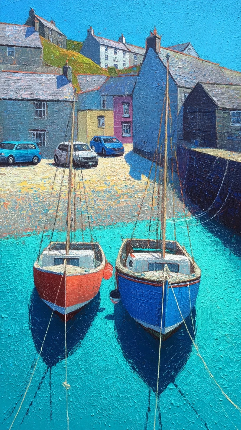 Barcos de pesca em um colorido porto costeiro - pintura