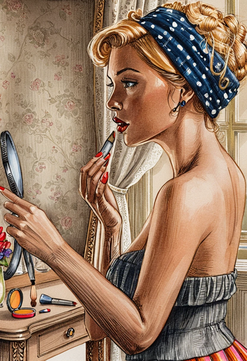 Mulher pin-up loira passando batom em penteadeira vintage