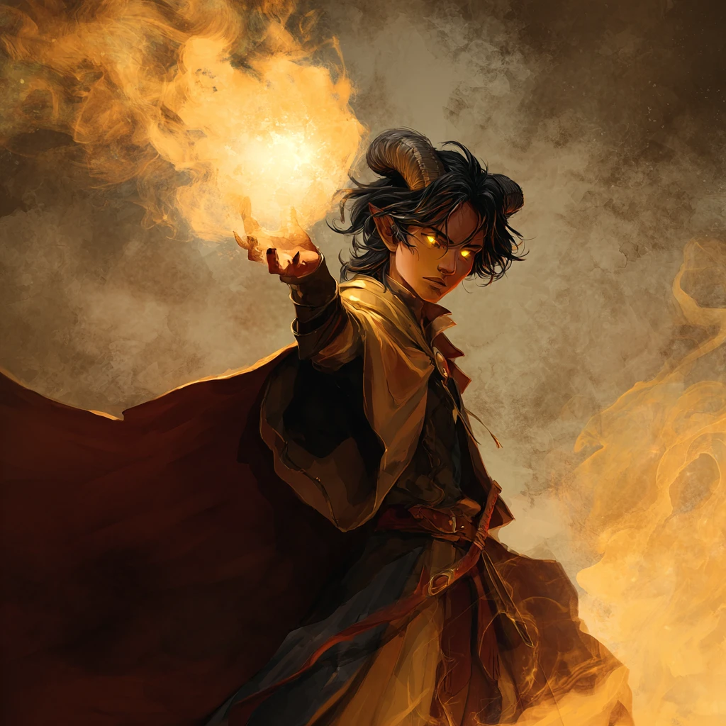 Tiefling-Zauberer beschwört einen lodernden Feuerball in seiner Hand